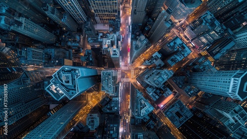 Cityscape from above at night with illuminated streets photo