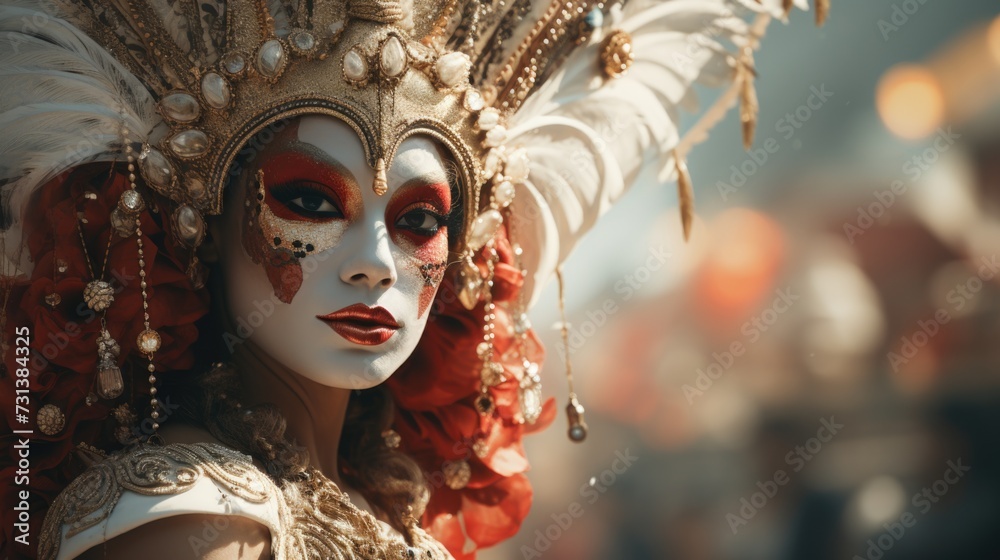 A vibrant carnival unfolds colorful masks adorning people's faces, creating atmosphere of joy, festivity, mystery. mask showcase intricate designs, adding element of elegance to lively celebration.