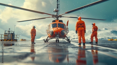 The helicopter landing at oil rig platform