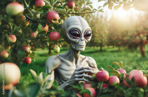 A humanoid alien joyfully and surprisedly looks at apples in an apple orchard photo