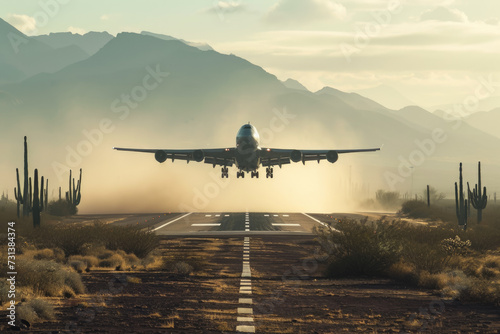 cargo plane taking off from a runway in the desert. The plane is kicking up dust, and there are cacti and mountains in the background