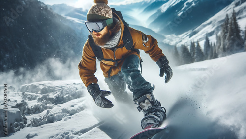A snowboarder rolls down the slope at high speed and does a trick, surrounded by snow dust.