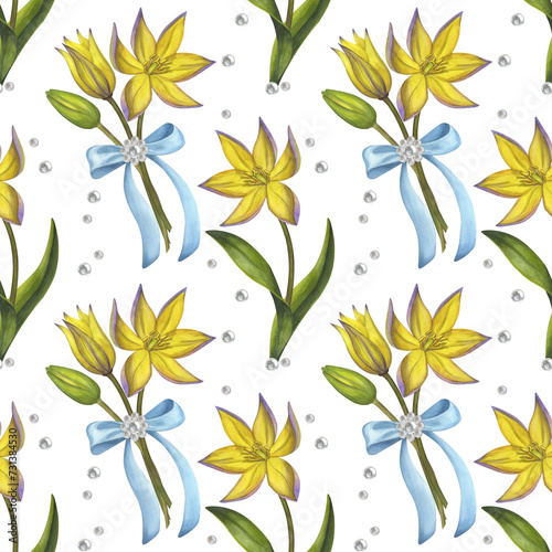 Bouquet yellow flower seamless pattern. Lily  Early spring blooming. Bieberstein tulip. Blue bow pearl brooch. Hand-drawn watercolor illustration on white background. For textile  print  wrapping