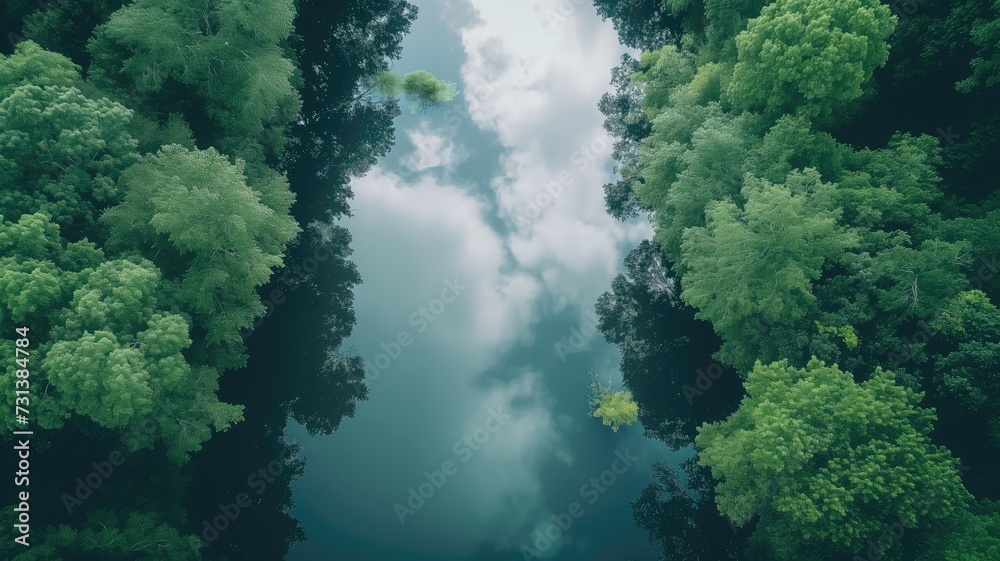 Top view of dense forest trees reflecting in still water, evoking calmness Top view of dense forest trees reflecting in still water, evoking calmness