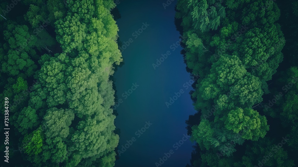 A drone captures a river winding through a dense green forest A drone captures a river winding through a dense green forest