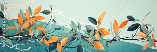 Green leaves and stems on an Orange background