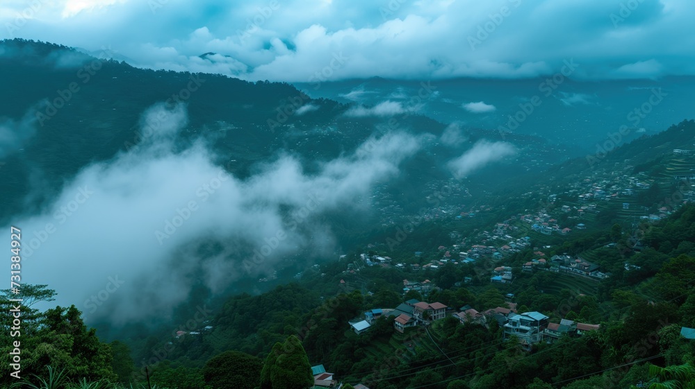 A serene mountain village enveloped in morning mist, evoking a sense of peace