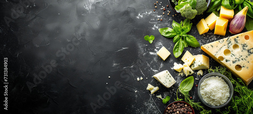 Different type of cheese selection and olives, fresh rosemary and basil garlic onion on a blackboard with place for text photo