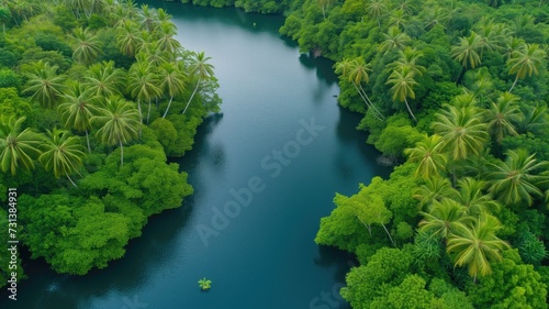 Top view of a winding river cutting through a dense tropical rainforest