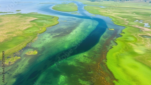 Vibrant green river delta from above, showcasing nature's intricate patterns