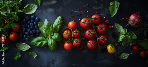 Some fresh ingredient from the local market and the garden tomatoes basil blueberry pepper, blue cheese mediterranean cousine on blackboard © Erzsbet