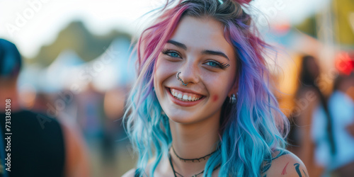 close portrait of a beautiful young Crazy blue pink piurple green colored hair alternative girl egirl  with piercings smiling enjoy a music festival  © Erzsbet