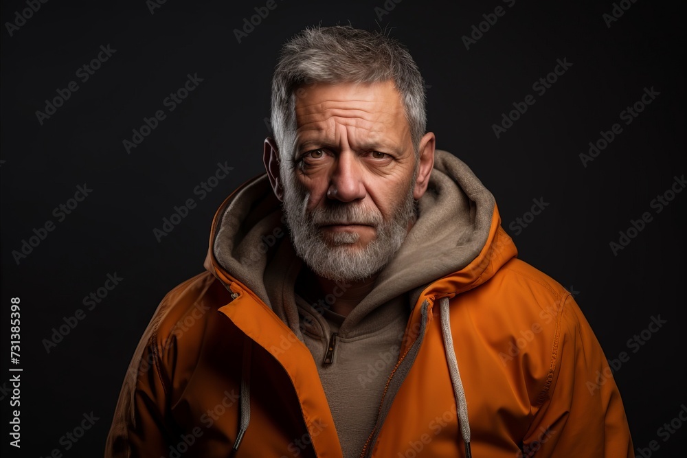 Portrait of an old man with a gray beard in an orange jacket. Portrait of an old man with a gray beard in an orange jacket.
