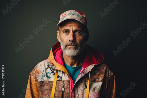 Portrait of an old man with a gray beard in a colorful jacket and cap.
