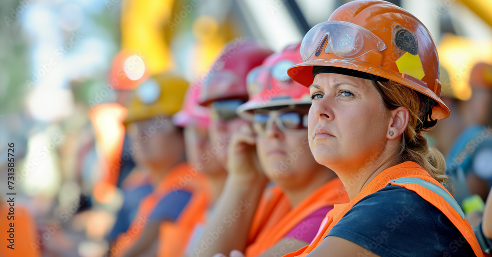 a line of concerned female constructions workers