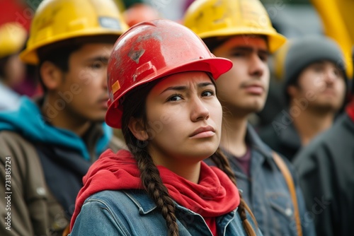 concerned construction workers listening to a speech at site