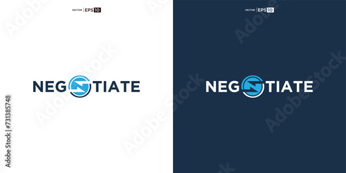 letter NEGOTIATE wordmark logo typography. logo depicted with two arrows intertwined within the curves, symbolizing the concept of negotiation.