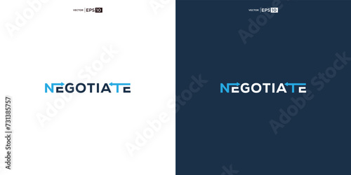 letter NEGOTIATE wordmark logo typography. logo depicted with two arrows intertwined within the curves, symbolizing the concept of negotiation.
