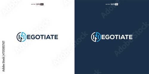 letter NEGOTIATE wordmark logo typography. logo depicted with two arrows intertwined within the curves, symbolizing the concept of negotiation. photo