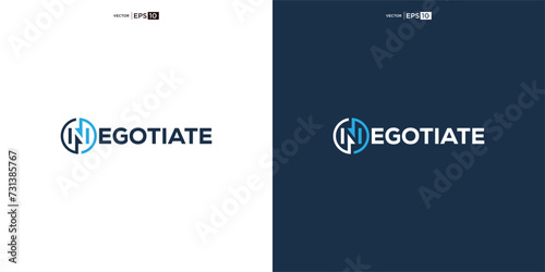 letter NEGOTIATE wordmark logo typography. logo depicted with two arrows intertwined within the curves, symbolizing the concept of negotiation.