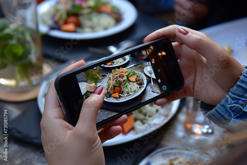 Food content creator blogger camera phone blog social media, producing and sharing content related to food channels online outlets vlogging culinary meal cooking.