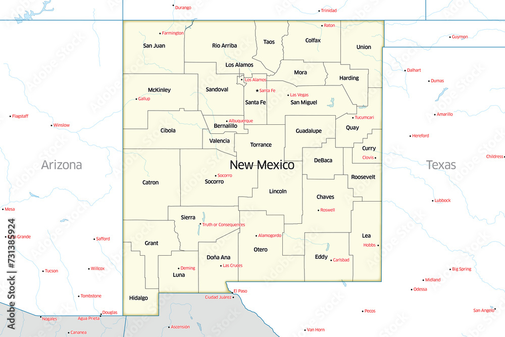 Fototapeta premium Political map of the counties that make up the state of New Mexico located in the United States.