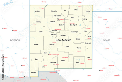 Political map of the counties that make up the state of New Mexico located in the United States. photo