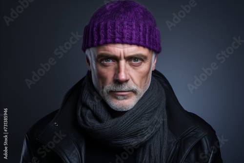 Portrait of a senior man wearing a purple hat and scarf.