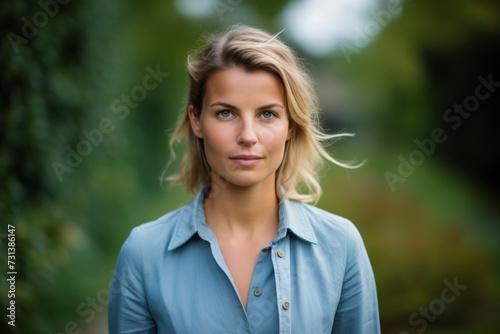 Portrait of a beautiful young woman in a blue shirt, outdoors