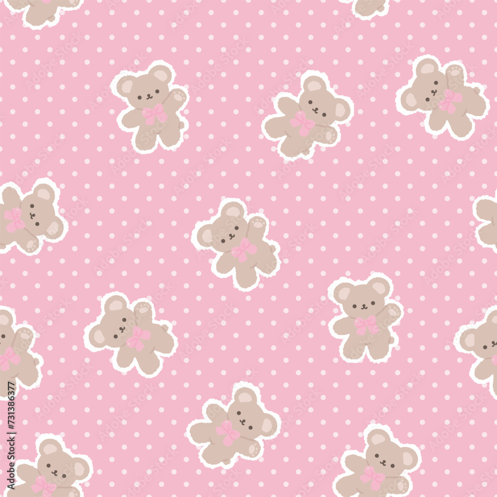 Pink cute kawaii teddy bears with dots texture background, kids seamless pattern background for boy and girl. Wrapping paper childish design, fabric and textile print