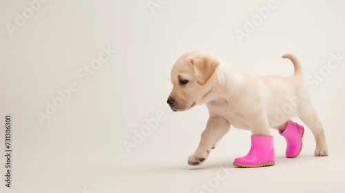 Labrador puppy walks in pink rubber boots