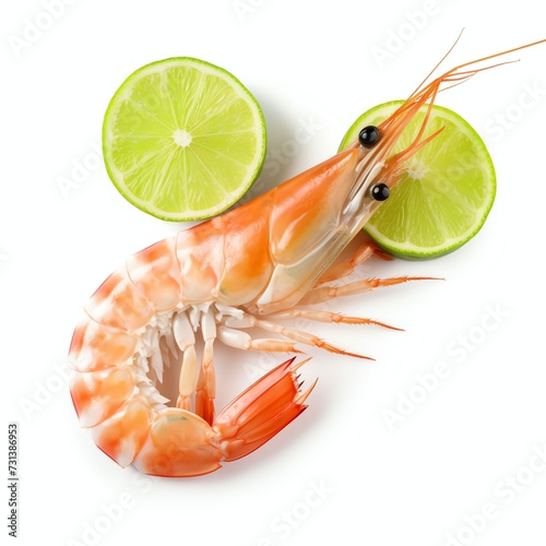 a raw shrimp or prawn with lime withoot head, studio light , isolated on white background photo