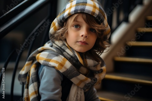 Portrait of a cute little boy in a plaid scarf and hat.