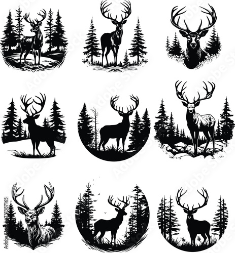 deer silhouette, logo, set vector illustration
