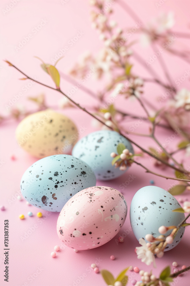 Colorful Easter eggs on pink background among spring flowers. Holiday concept. Background image for greeting card, spring postcard, banner, flyer, advertising. Colorful Easter eggs on pink background among spring flowers. Holiday concept. Background image for greeting card, spring postcard, banner, flyer, advertising.