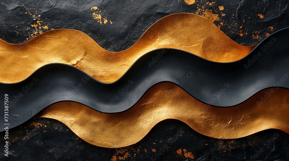 Obraz premium Abstract gold black acrylic painted fluted 3d painting texture luxury background banner on canvas - Golden waves swirls. Decor concept. Wallpaper concept. Art concept. 3d concept. 