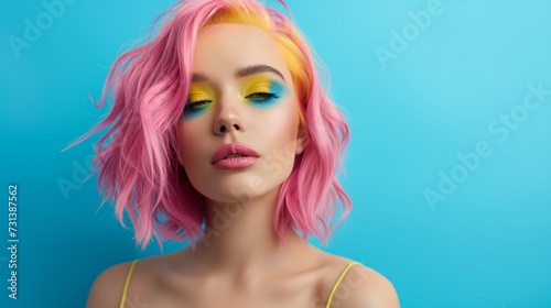 Fashion portrait of girl with pink hair and yellow and blue makeup against blue background.