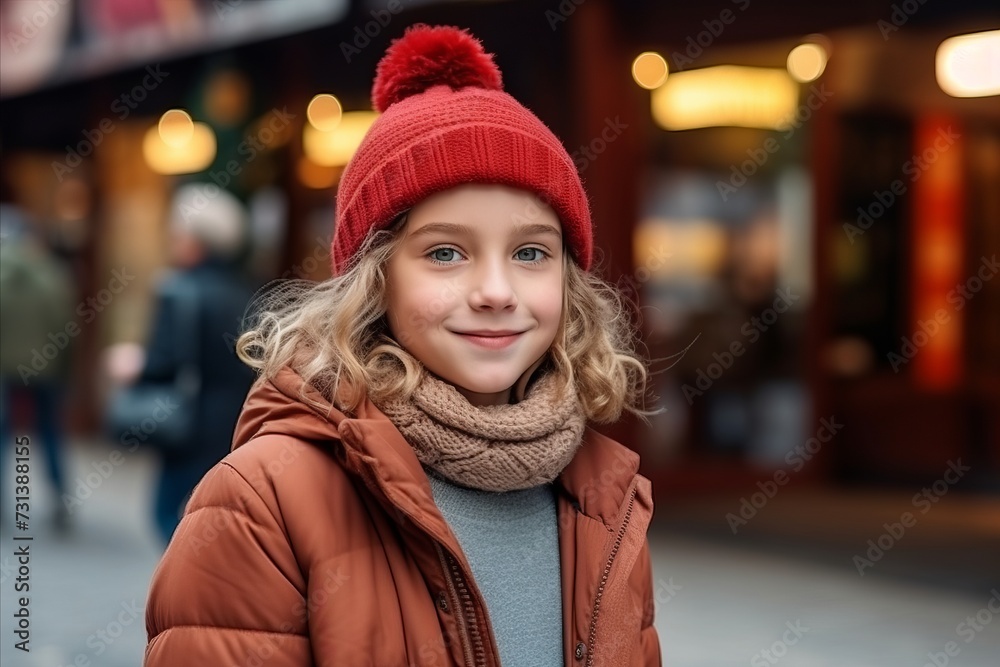 Portrait of a cute little girl in a red hat and coat on the street Portrait of a cute little girl in a red hat and coat on the street