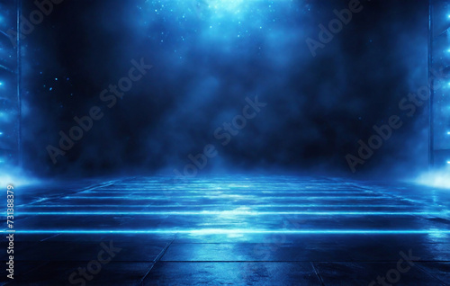 Dark empty stage, blue neon spotlight, wet asphalt, smoke, night view, rays. texture background, texture, seamless pattern, HD high quality