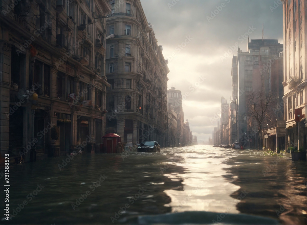 view of the city, flooding in the city, end of the world . Perfect composition, beautiful detailed , 8k photography, photorealistic , soft natural perfect light, HD quality