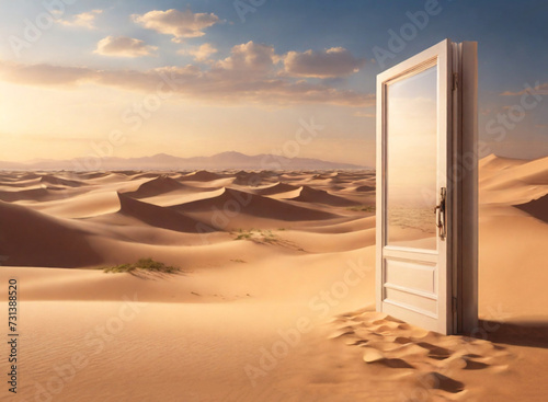 Opened door on desert. Unknown and start up concept. Perfect composition, beautiful detailed , 8k photography, photorealistic , soft natural perfect light, HD quality