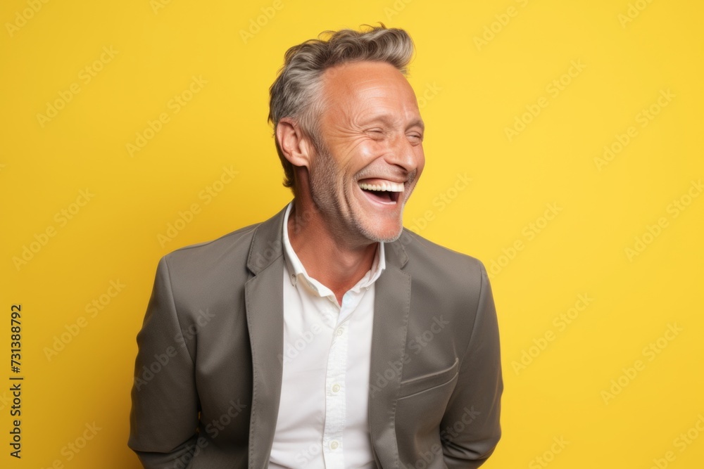 Portrait of a happy mature man laughing and looking at camera isolated over yellow background Portrait of a happy mature man laughing and looking at camera isolated over yellow background