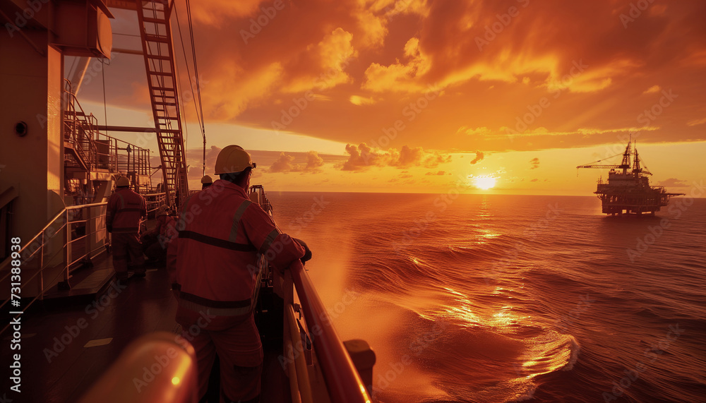 Golden hour photo of oil offshore drill team workers dressed uniform aproaching platform on marine vessel.  Petroleum and gas extract and process exploration industry concept wide-angle image. - obrazy, fototapety, plakaty 