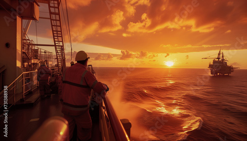 Golden hour photo of oil offshore drill team workers dressed uniform aproaching platform on marine vessel.  Petroleum and gas extract and process exploration industry concept wide-angle image. photo