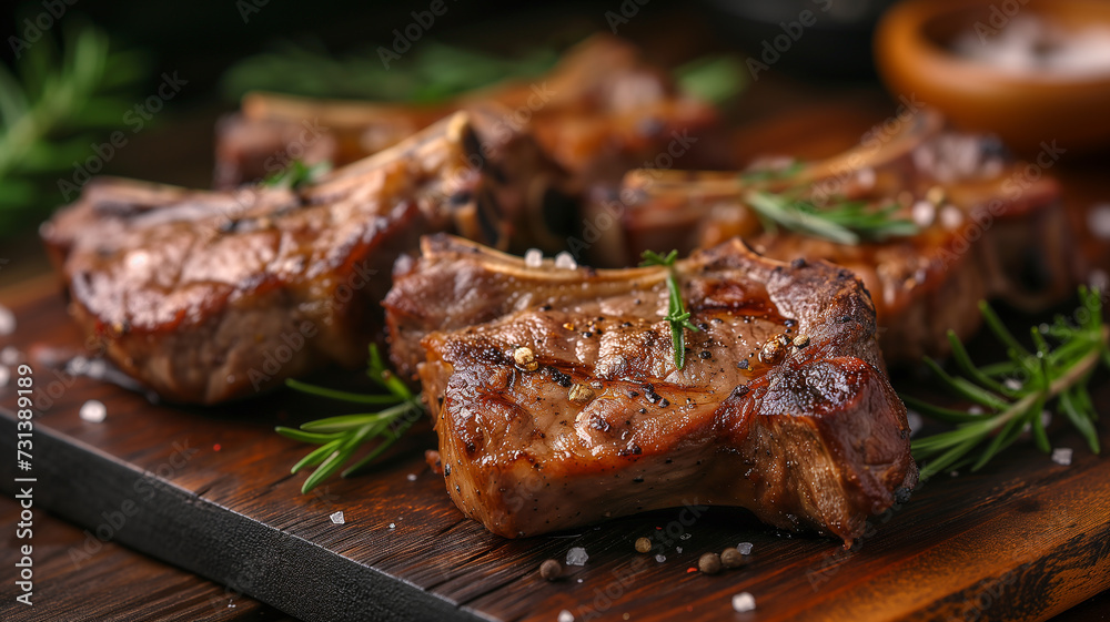 Tender, large pieces of lamb chops lying on a wooden board