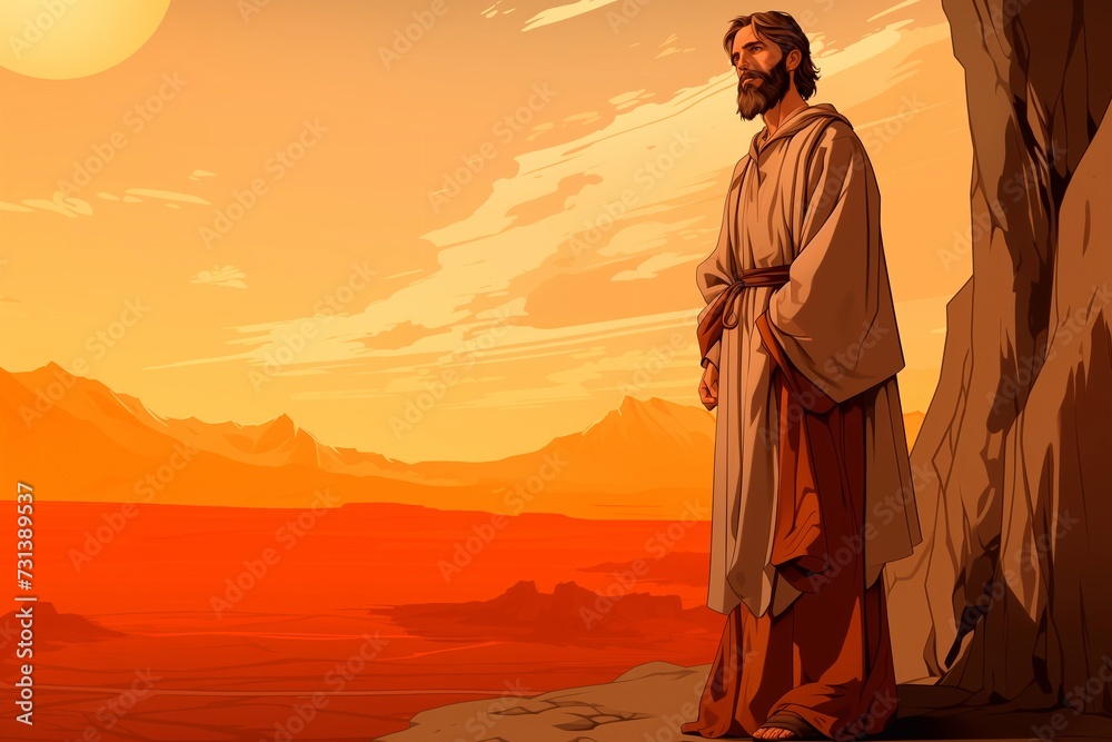 Jesus Christ gazes out over the desert near a rock. Jesus Christ gazes out over the desert near a rock.
