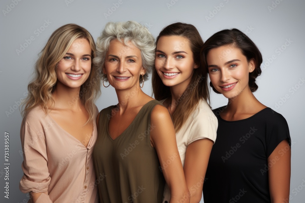 Multigenerational gathering of European women, harmoniously posed on a simple white backdrop Multigenerational gathering of European women, harmoniously posed on a simple white backdrop