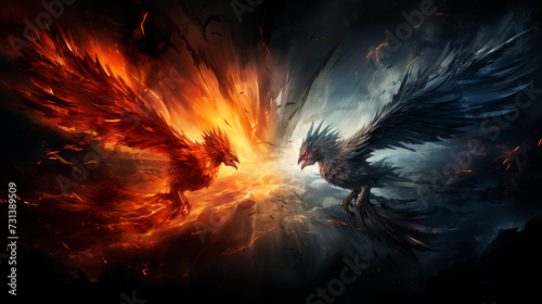 Abstract background with fiery phoenixes, symbolizing the struggle between good and evil.