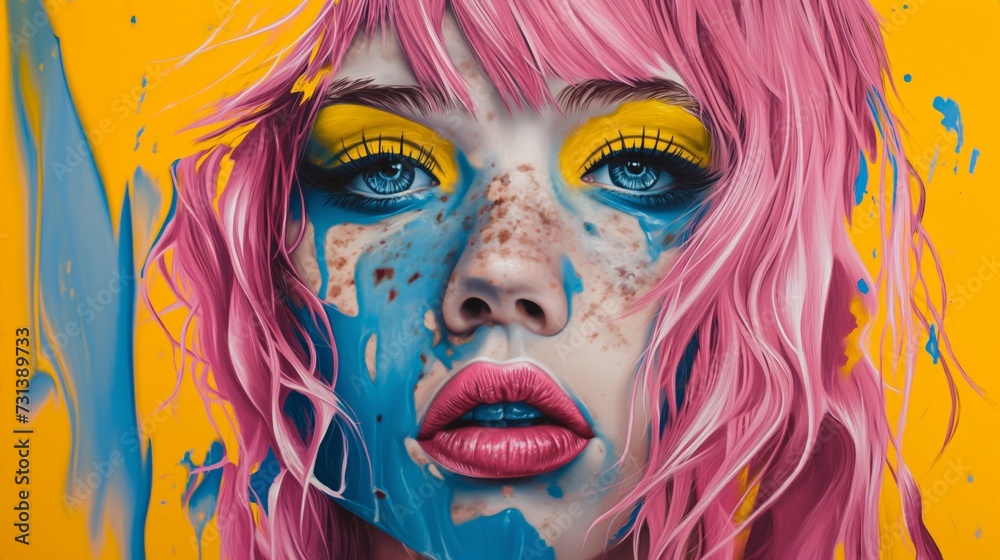 Obraz premium Illustration of a girl with pink hair and yellow and blue makeup.