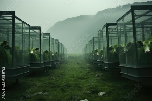 Canvas Print Freedom denied: locked cows in cages on a peaceful field, highlighting the issue